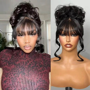 Body Wave Wig with Bangs Pre Cut 5x5 HD Lace Closure Wig Glueless Secure Drawstring Human Hair Wig