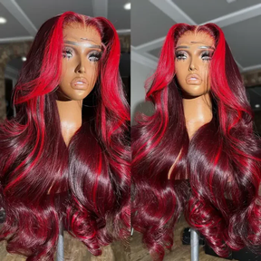 Highlight Red Mix Burgundy  Loose Body Wave Wigs Glueless HD Lace Human Hair Wigs