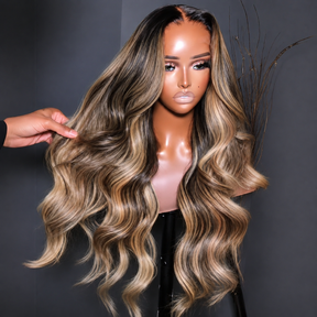 Highlight Blonde Black Root 13x4 Lace Front Wig Human Hair Pre Plucked Transparent Lace