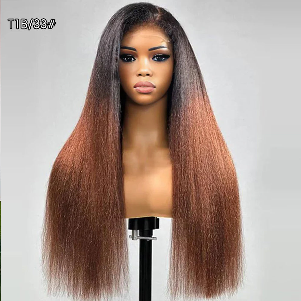 Kinky Edges 30# Medium Auburn Color Kinky Straight 13x4 Glueless HD Lace Human Hair Wig
