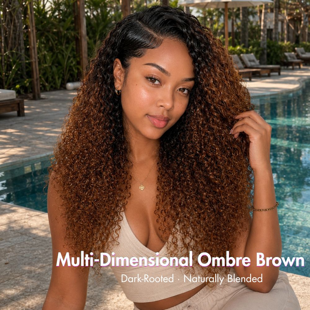 3 In 1 Half Wig | Ombre Brown Wig With Black Roots Curly No Glue Needed Install Filp Over Half Wig With Adjustable Drawstring
