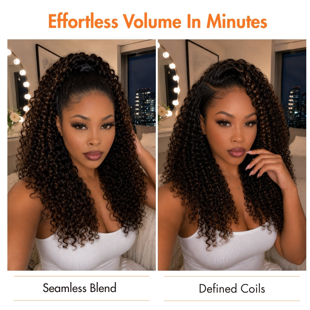 3 In 1 Half Wig | Balayage Highlight Ombre Brown Curly No Glue Needed Install Filp Over Half Wig With Adjustable Drawstring