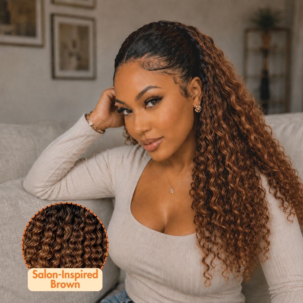 3 In 1 Half Wig | Blonde Burmese Curly with Black Roots No Glue Needed Install Filp Over Half Wig With Adjustable Drawstring