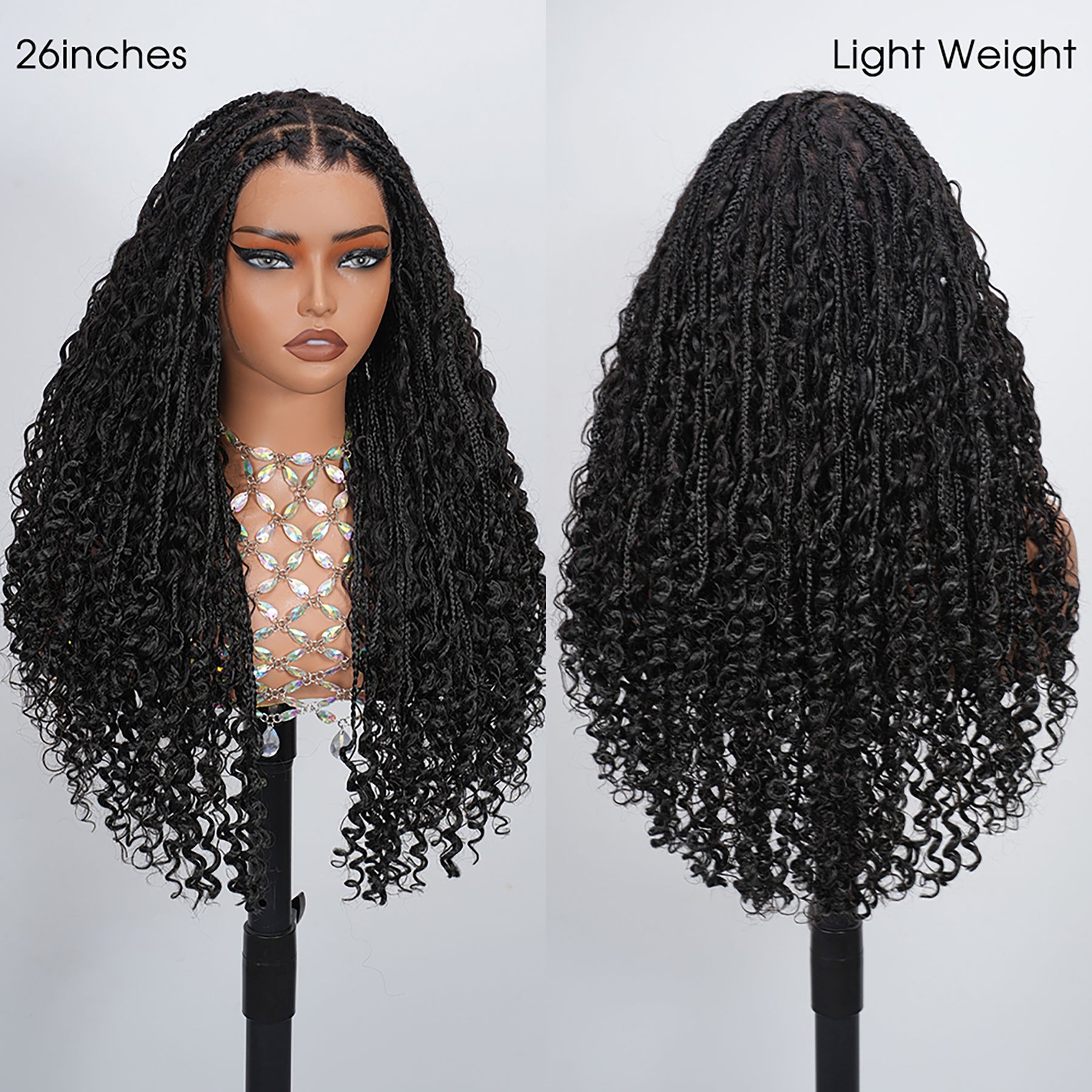 Full Lace Boho Braided Wigs Human Hair Blended Synthetic Braids Flexi-Fit Invisi Drawstring Cap Bohemia Pre Cut Lace Plucked Natural Scalp 26 Inches