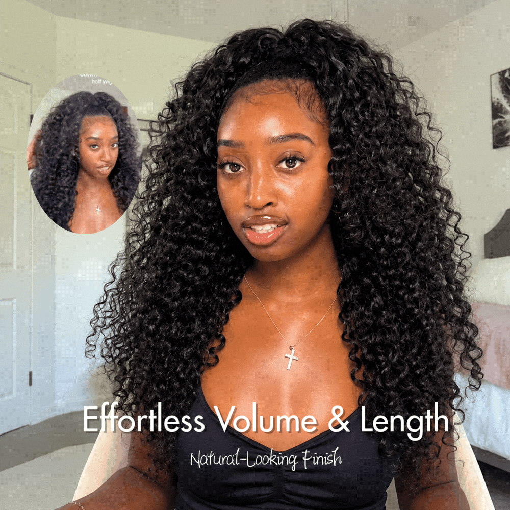 3 In 1 Half Wig | Burmese Curly With Finger Coil Ends Glueless Install Filp Over Half Wig With Adjustable Drawstring