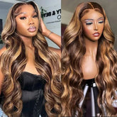 Highlight 4/27 Honey Blonde Body Wave 13x6 HD Lace Wig Invisible Knots Natural Hairline