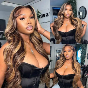 Highlight 4/27 Honey Blonde Body Wave 13x6 HD Lace Wig Invisible Knots Natural Hairline