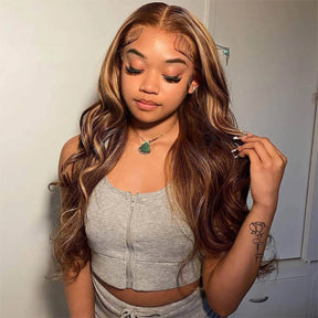 Highlight 4/27 Honey Blonde Body Wave 13x6 HD Lace Wig Invisible Knots Natural Hairline
