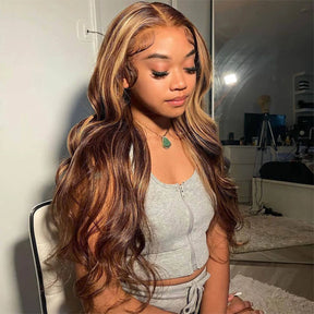 Highlight 4/27 Honey Blonde Body Wave 13x6 HD Lace Wig Invisible Knots Natural Hairline