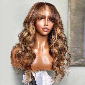 Curtain Bangs Highlight Honey Blonde Ombre 4/27  Body Wave Human Hair Glueless HD Lace Wigs