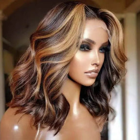 Pizazz Highlight Color Short Body Wave Human Hair 8X5 Glueless Wig Glueless Shoulder Length