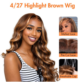 Highlight Brown 4/27 Body Wave Pull & Go Glueless Wig 13x6 Pre-Everything HD Lace Human Hair Wig