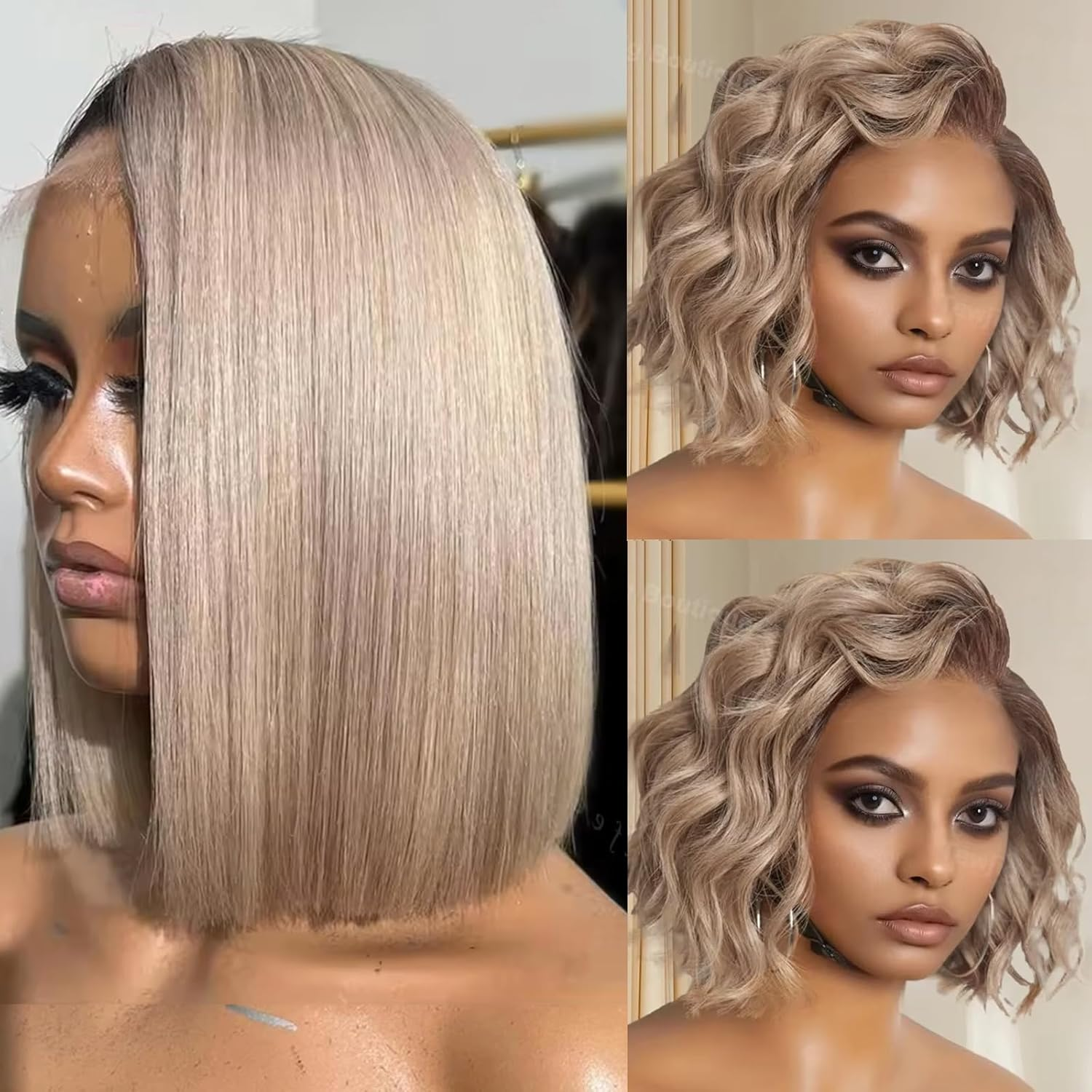 Ash Blonde-18# Bob Wigs Human Hair 220% Denstiy 13x4 HD Lace Frontal Human Hair Wig for Black Women Pre Plucked Straight Glueless Lace Front Short Bob Wigs 10 Inch