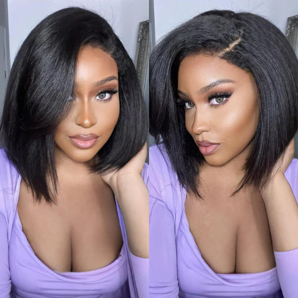 4C Kinky Edges 10 Inch Kinky Straight Bob Wig Glueless Lace Front Human Hair