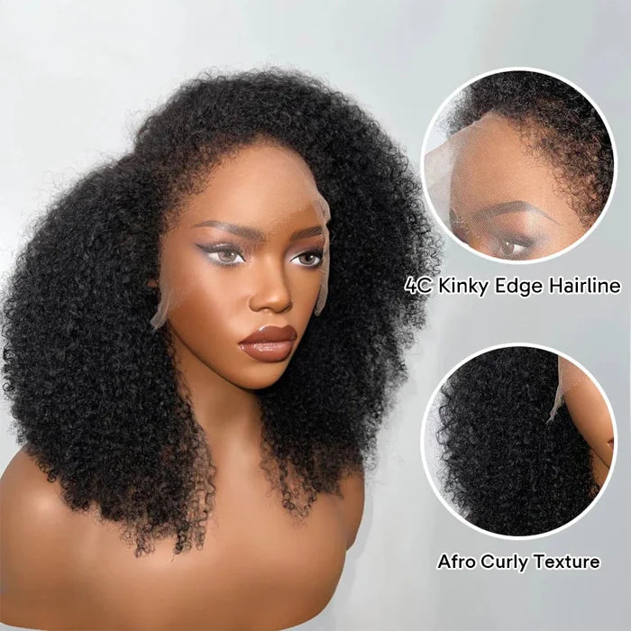 4C Kinky Edge Hairline Afro Kinky Curly Wigs  Pre-Bleached Glueless HD Wigs 180% Density