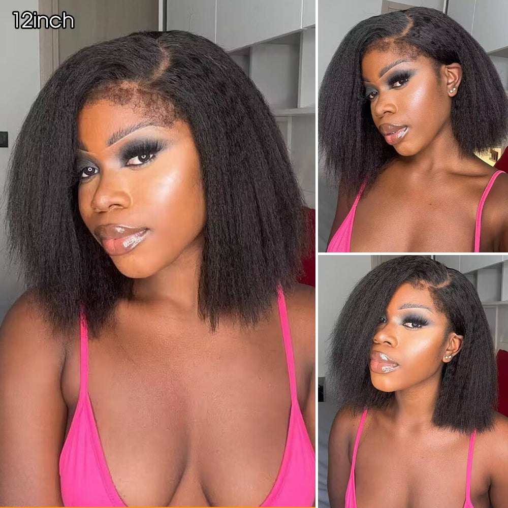 4C Kinky Edges 10 Inch Kinky Straight Bob Wig Glueless Lace Front Human Hair