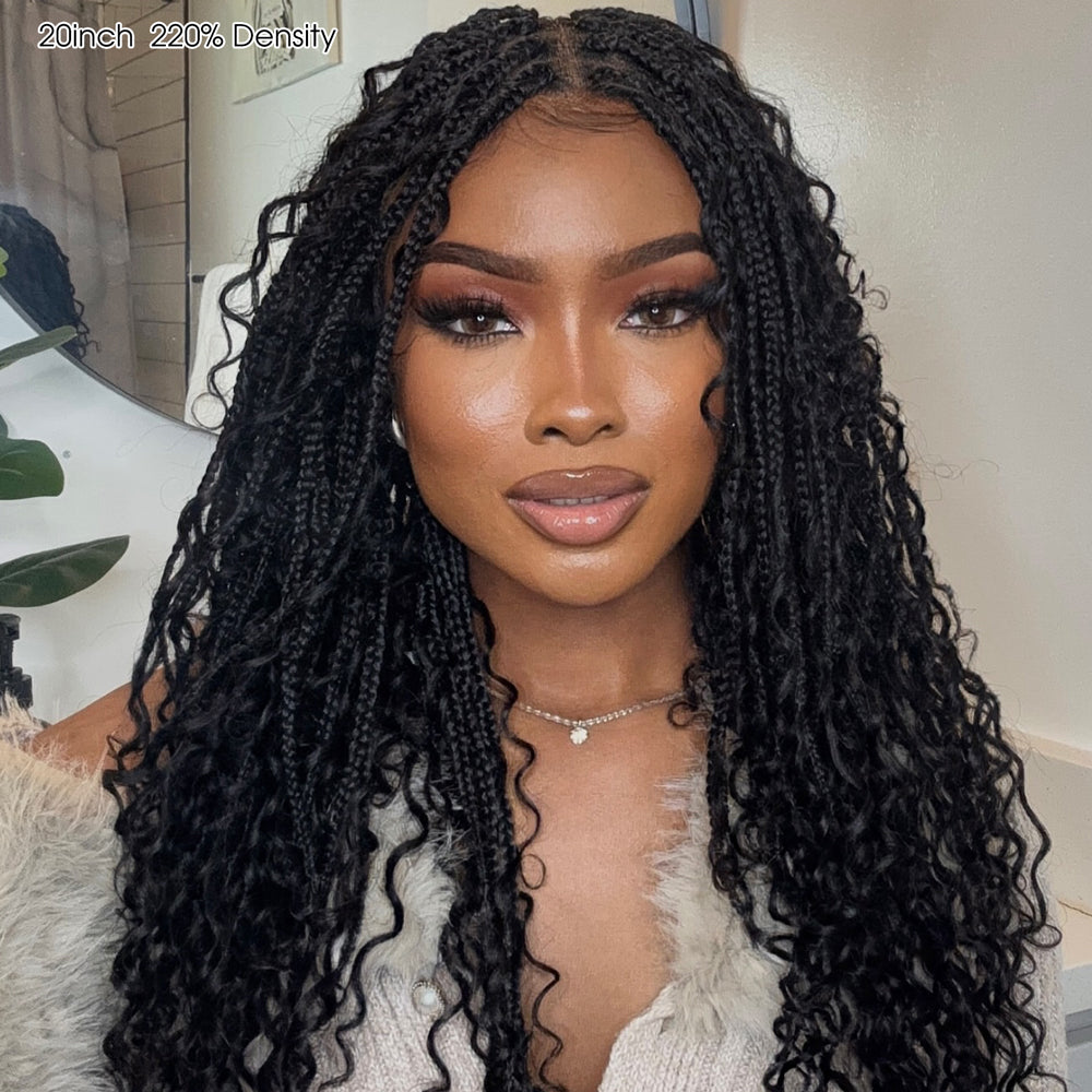 Pizazz Human Hair Boho Braids With Curls 13x6 Full Lace Knotless Boho Box Braided Drawstring Pull Go Wig