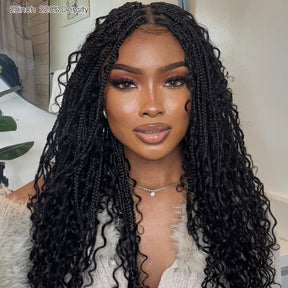 Pizazz Human Hair Boho Braids With Curls 13x6 Full Lace Knotless Boho Box Braided Drawstring Pull Go Wig