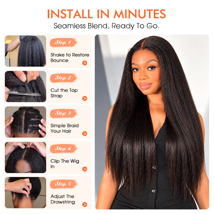 Kinky Straight Blend Natural V Part Human Hair Wigs with Minimal Leave-Out For Protective Style