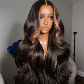 Money Piece Skunk Stripe Highlight Brown Body Wave Lace Front Wigs Glueless Human Hair For Women