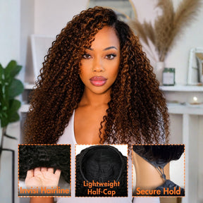 3 In 1 Half Wig | Balayage Highlight Ombre Brown Curly No Glue Needed Install Filp Over Half Wig With Adjustable Drawstring
