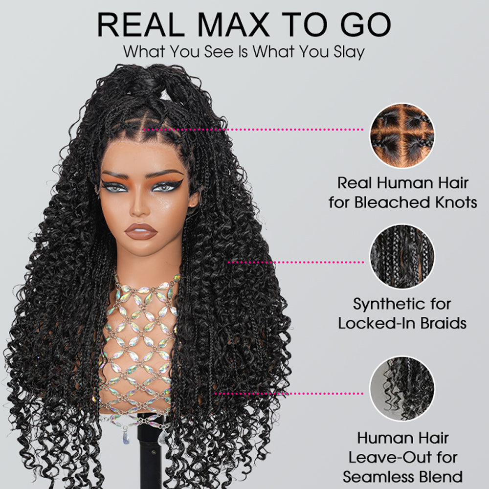 Full Lace Boho Braided Wigs Human Hair Blended Synthetic Braids Flexi-Fit Invisi Drawstring Cap Bohemia Pre Cut Lace Plucked Natural Scalp 26 Inches