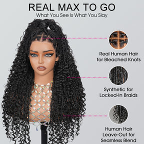 Full Lace Boho Braided Wigs Human Hair Blended Synthetic Braids Flexi-Fit Invisi Drawstring Cap Bohemia Pre Cut Lace Plucked Natural Scalp 26 Inches