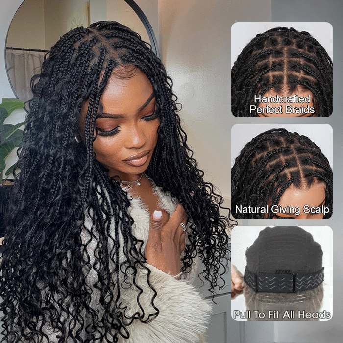 Pizazz Human Hair Boho Braids With Curls 13x6 Full Lace Knotless Boho Box Braided Drawstring Pull Go Wig