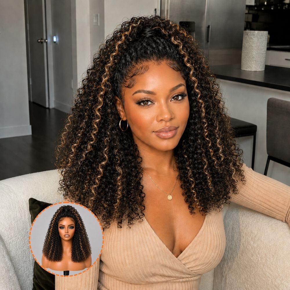 3 In 1 Half Wig | Highlight Brown Jerry Curly No Glue Needed Install Filp Over Half Wig With Adjustable Drawstring