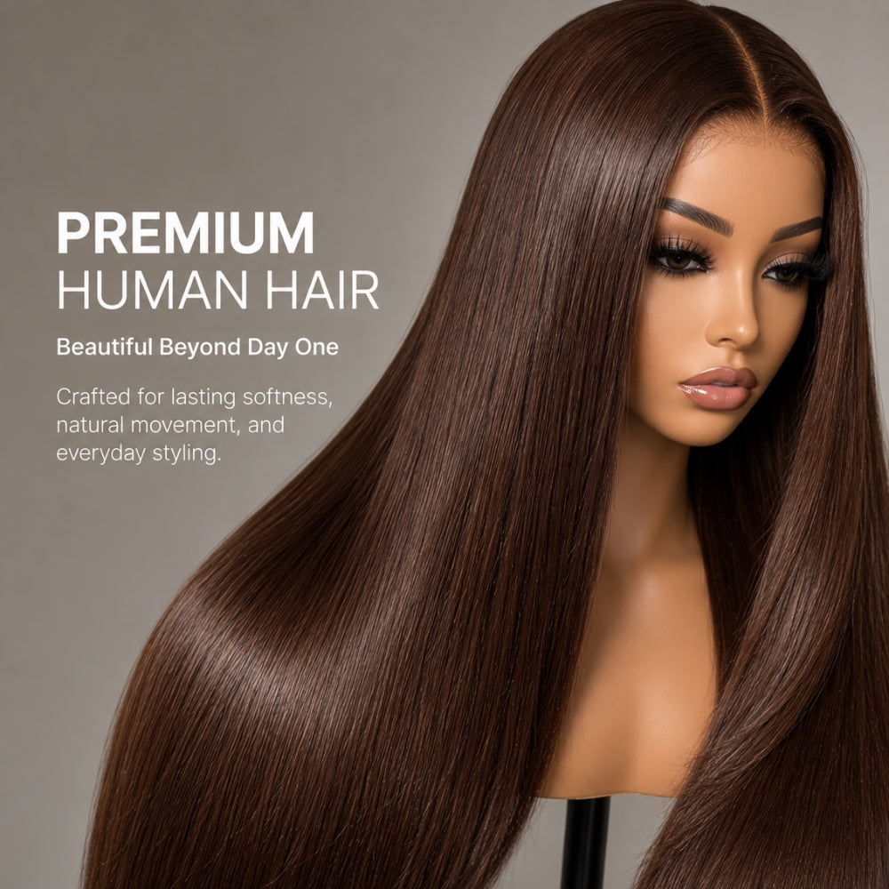 #4 Chocolate Brown Straight 220% Density 5x5 Pre Cut Lace Glueless Wig Pull & Go With Invisi Drawstring