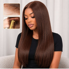 #4 Chocolate Brown Straight 220% Density 5x5 Pre Cut Lace Glueless Wig Pull & Go With Invisi Drawstring