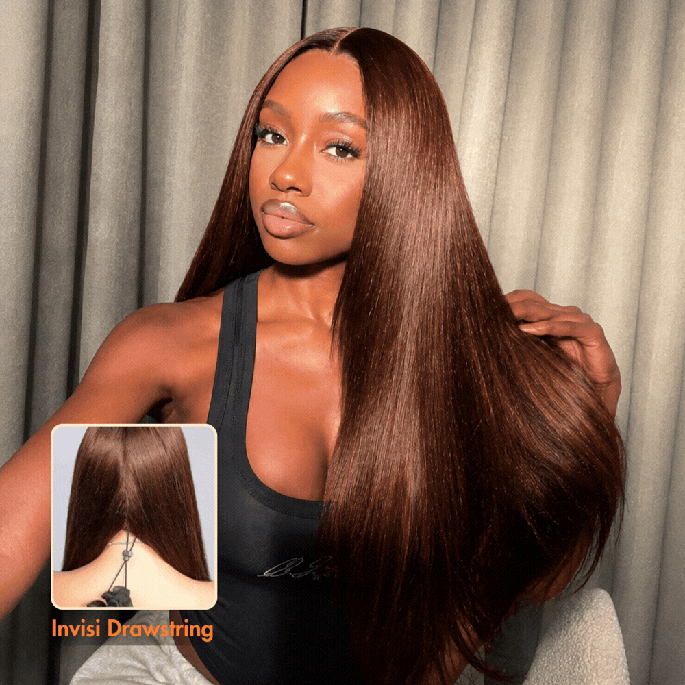 #4 Chocolate Brown Straight 220% Density 5x5 Pre Cut Lace Glueless Wig Pull & Go With Invisi Drawstring