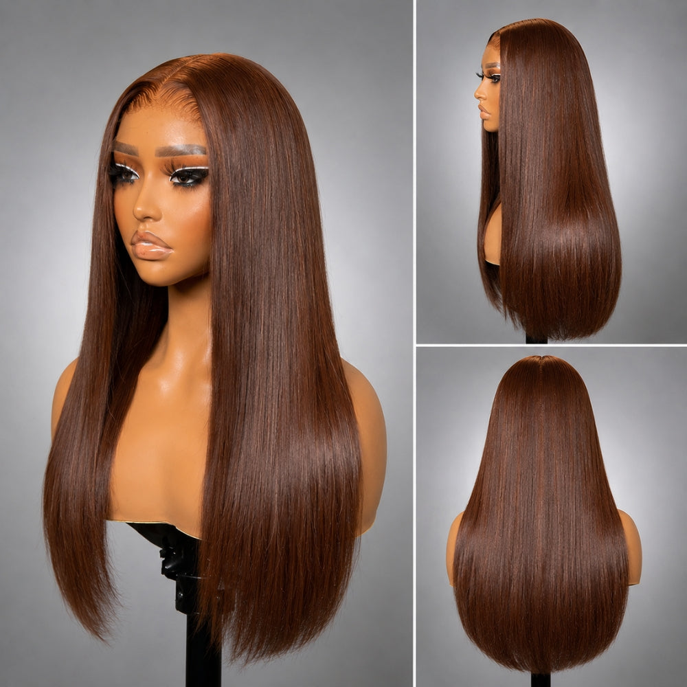 #4 Chocolate Brown Straight 220% Density 5x5 Pre Cut Lace Glueless Wig Pull & Go With Invisi Drawstring