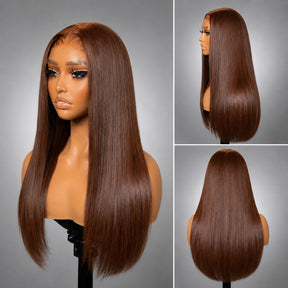#4 Chocolate Brown Straight 220% Density 5x5 Pre Cut Lace Glueless Wig Pull & Go With Invisi Drawstring