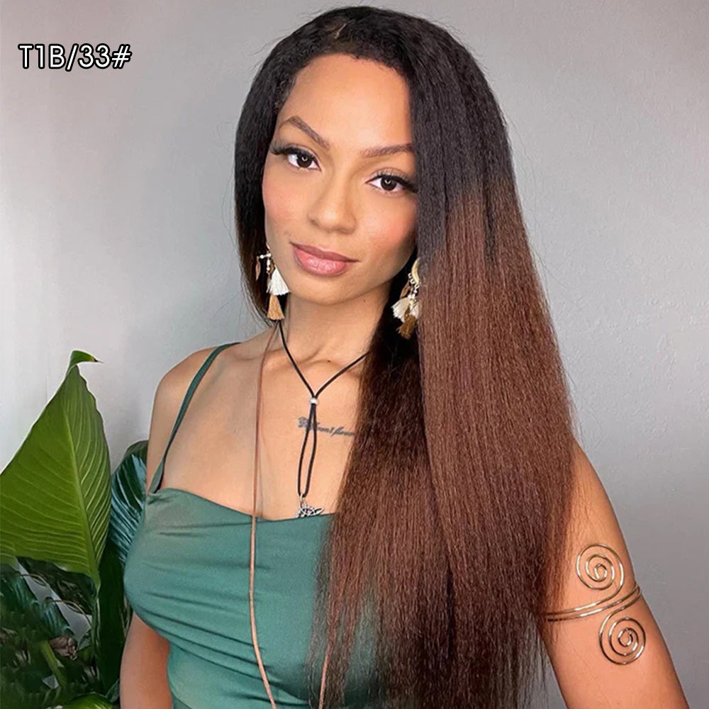 Kinky Edges 30# Medium Auburn Color Kinky Straight 13x4 Glueless HD Lace Human Hair Wig