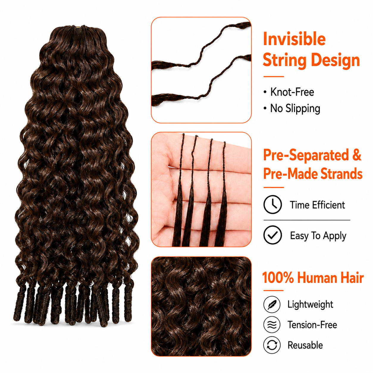 #4 Brown Burmese Curly Crochet Human Hair Pre Separated Miracle Knot Braiding Hair Human Hair For Knotless Boho Braids