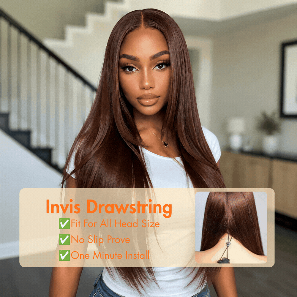 [US 24H Ship] 13x6 HD Lace Frontal Wigs Chocolate Brown Color Straight Wig With Drawstring 100% Human Hair Wig