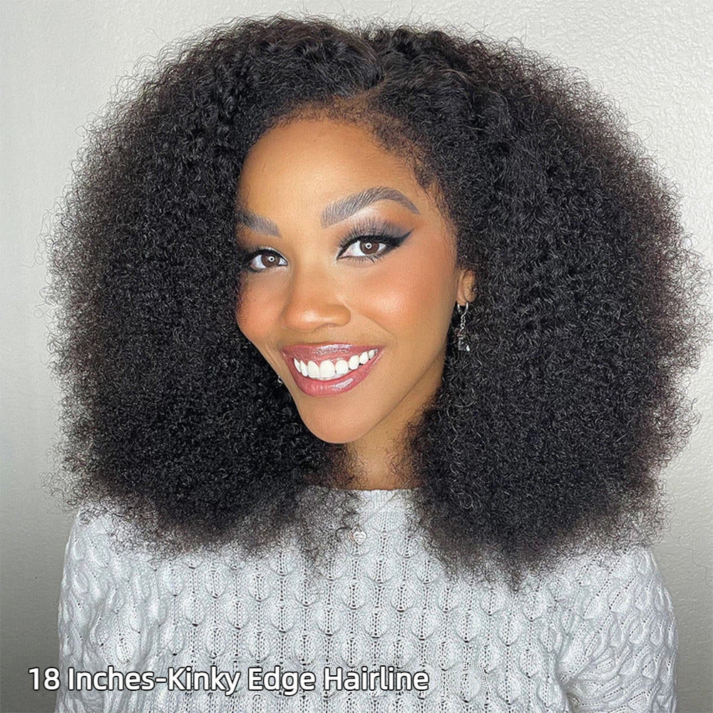 Realistic Kinky Edges Hairline Afro Kinky Curly Wig 100% Human Hair Glueless Pre Cut HD Lace Natural Hair Wig For Women 220% Density