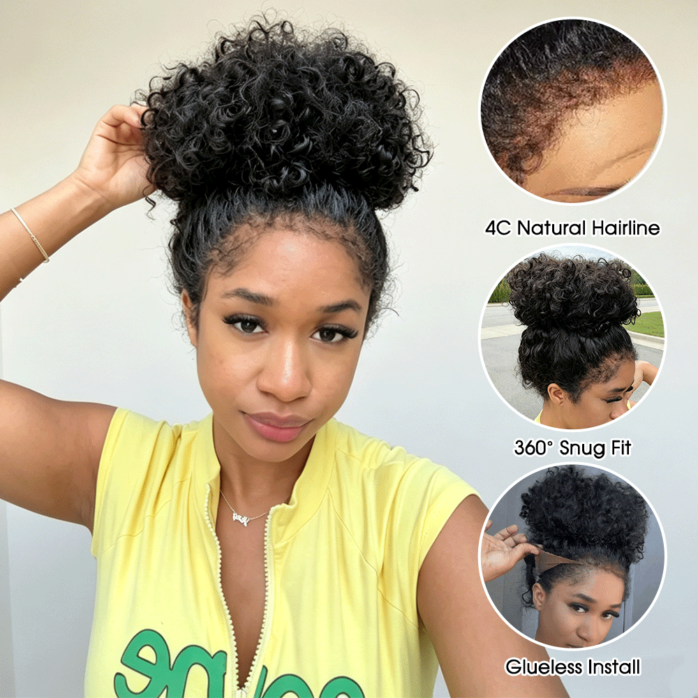 Pizazz Hair 4C Curly Edge 360 HD Lace Frontal Wig Invisible Strap Bleached Knots Pre Cut Lace Glueless