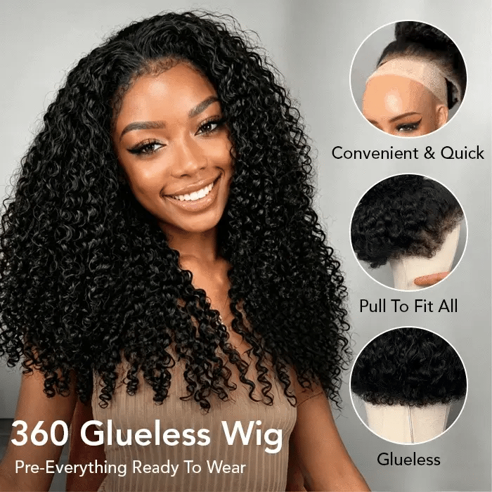Pizazz Hair 4C Curly Edge 360 HD Lace Frontal Wig Invisible Strap Bleached Knots Pre Cut Lace Glueless