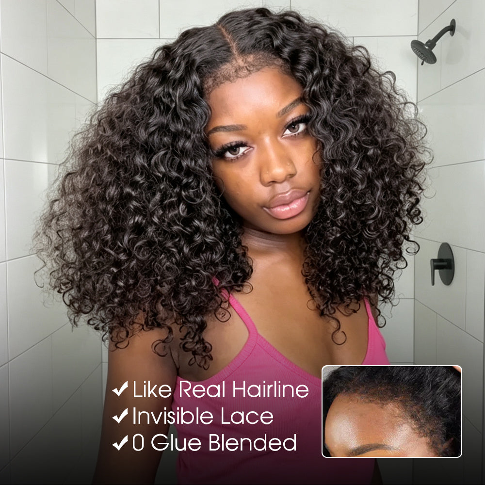 4C Edges Hairline Glueless Curly Bob Wig Pre-Cut HD Lace Front Human Hair Wigs with Flexi-Fit Drawstring Cap
