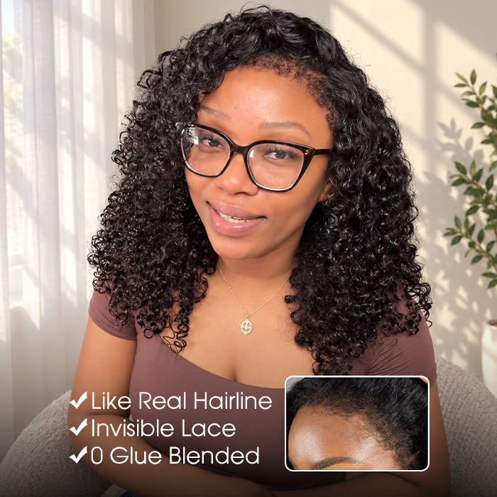 4C Edges Hairline Glueless Curly Bob Wig Pre-Cut HD Lace Front Human Hair Wigs with Flexi-Fit Drawstring Cap