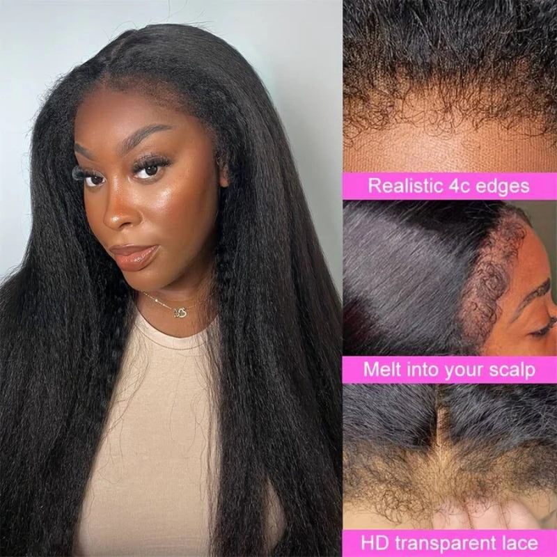 Pizazz Hair 4C Edges Invisi Strap Snug Fit 360 hd Lace Frontal Kinky Straight Wig with Pre Plucked Hairline Human Hair Wigs
