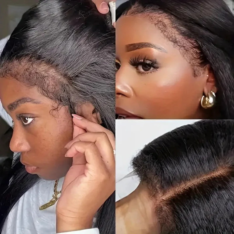 Pizazz Hair 4C Edges Invisi Strap Snug Fit 360 hd Lace Frontal Kinky Straight Wig with Pre Plucked Hairline Human Hair Wigs