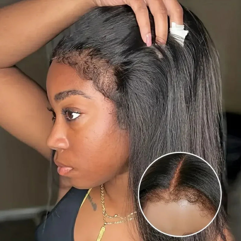 Pizazz Hair 4C Edges Invisi Strap Snug Fit 360 hd Lace Frontal Kinky Straight Wig with Pre Plucked Hairline Human Hair Wigs