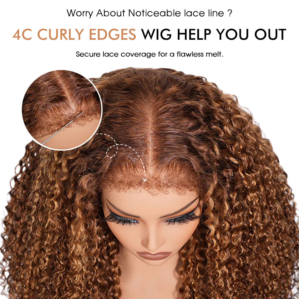 4c Edge Blonde Highlight Curly Human Hair Wigs Glueless 13X4 HD Lace Front Wig Pre Cut Lace