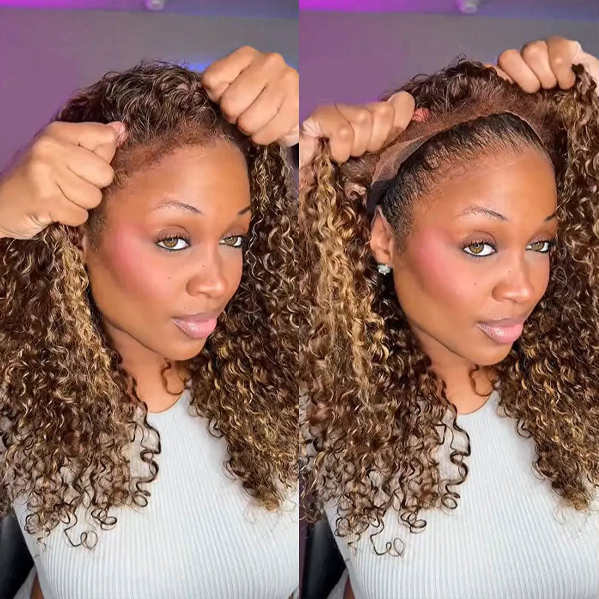 4c Edge Blonde Highlight Curly Human Hair Wigs Glueless 13X4 HD Lace Front Wig Pre Cut Lace