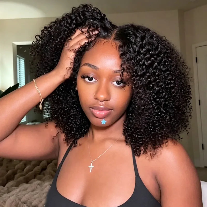 Kinky Curly Bob Wigs with Kinky Edge Hairline Glueless Pre Cut HD Lace Human Hair Wigs With Drawstring