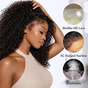 Glueless Kinky Curly Human Hair Wig with 4C Edge Natural Hairline Pre Cut 13x4 HD Lace Wig with Drawstring