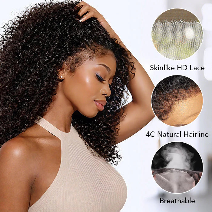 Glueless Kinky Curly Human Hair Wig with 4C Edge Natural Hairline Pre Cut 13x4 HD Lace Wig with Drawstring